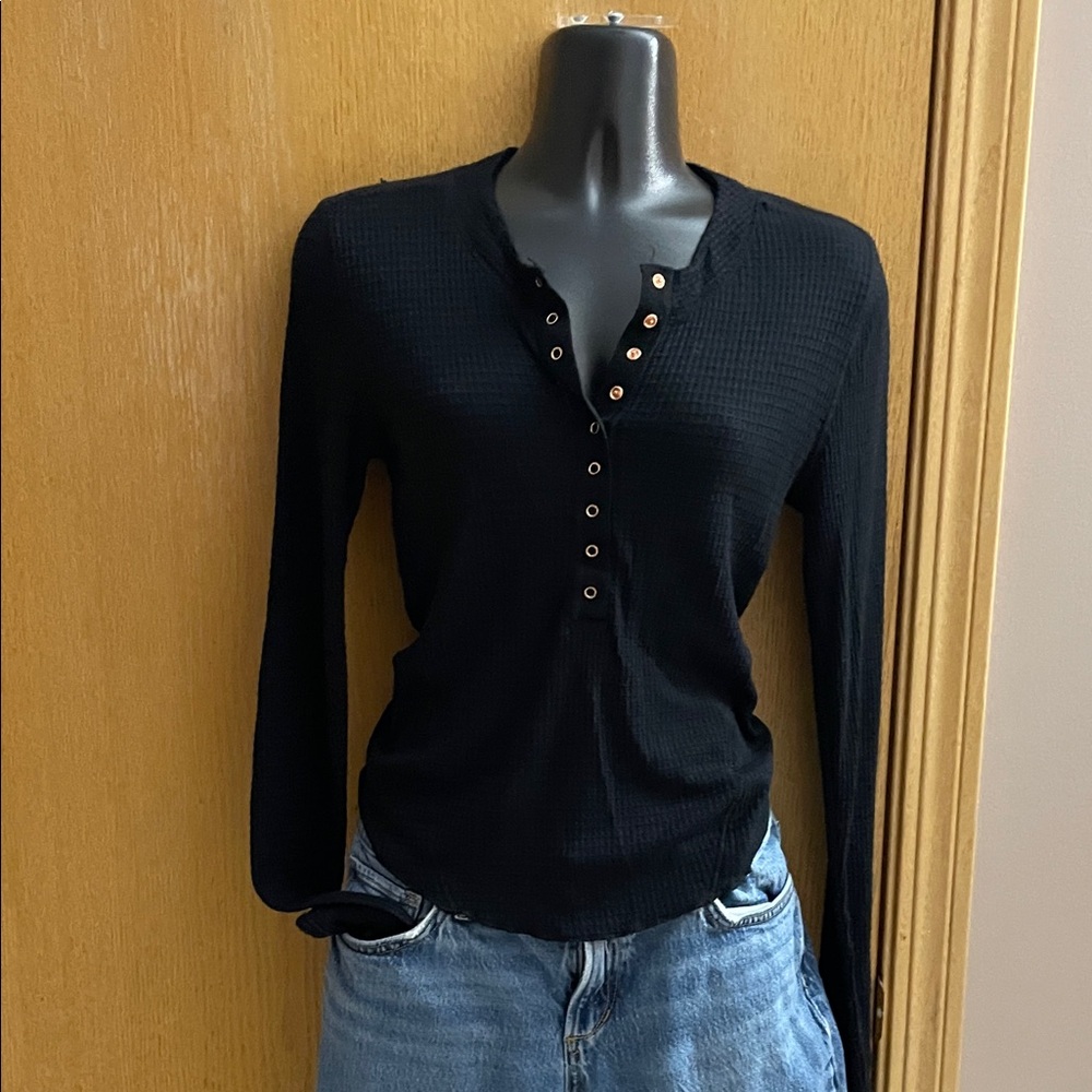 Free People Black Long Sleeve Henley Top